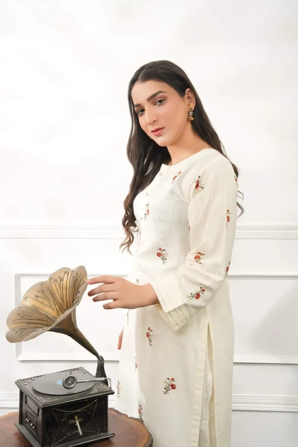 Fabric: Slub Khaddar-White Embroidery - Image 5