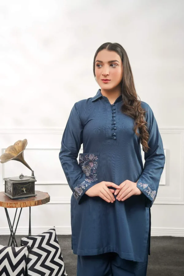 Fabric: Slub Khaddar-Blue Cord-Set - Image 2