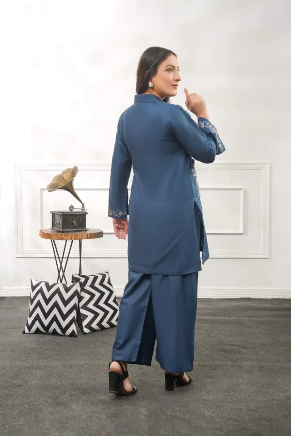 Fabric: Slub Khaddar-Blue Cord-Set - Image 3