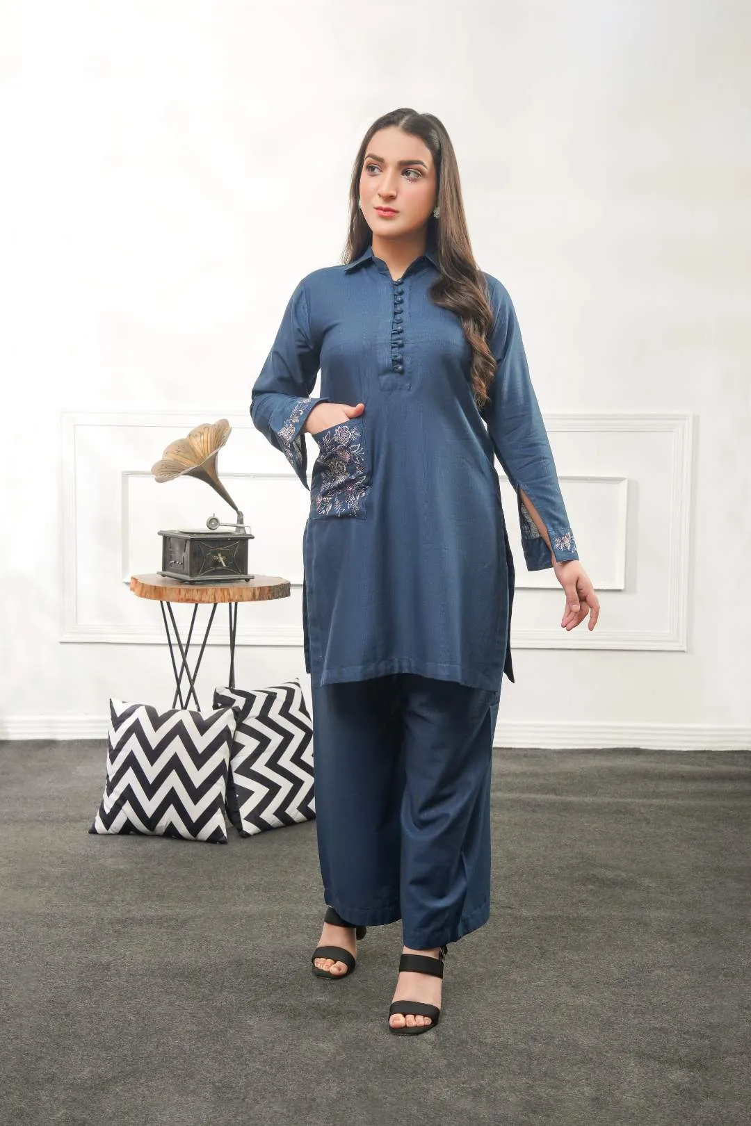 Slub Khaddar-Blue Cord-Set