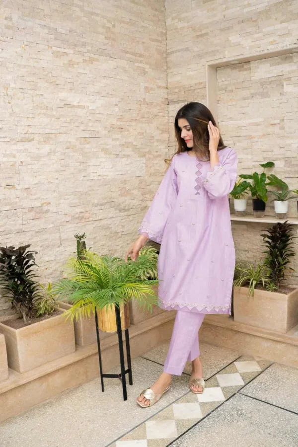 Fabric: Slub Khaddar- Purple Embroidery - Image 2