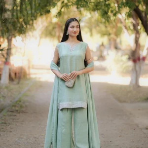 3-Piece Korean Raw Silk Suit - Light Green