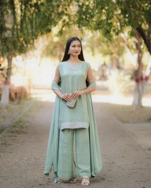 3-Piece Korean Raw Silk Suit - Light Green