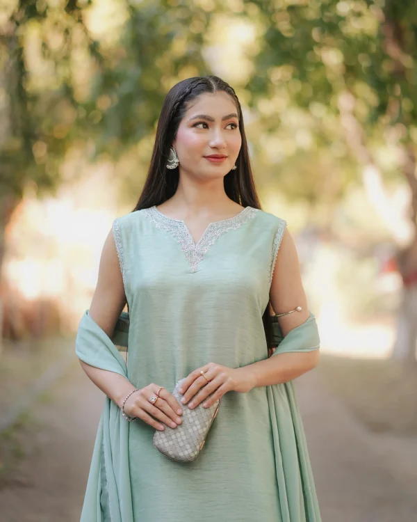 3-Piece Korean Raw Silk Suit - Light Green - Image 4