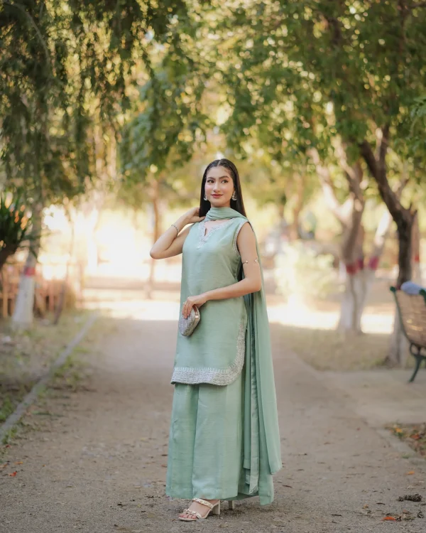 3-Piece Korean Raw Silk Suit - Light Green - Image 8