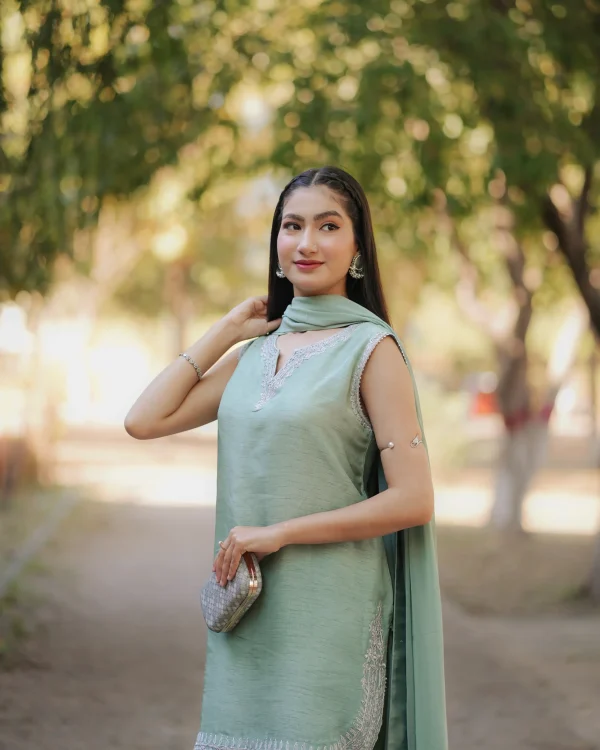 3-Piece Korean Raw Silk Suit - Light Green - Image 2