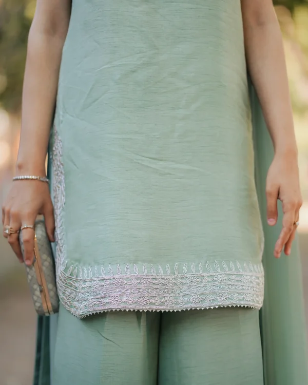 3-Piece Korean Raw Silk Suit - Light Green - Image 5