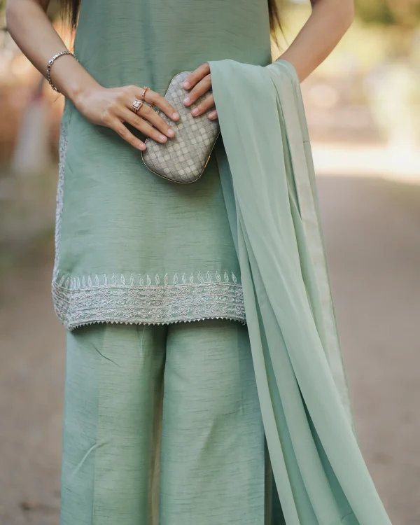 3-Piece Korean Raw Silk Suit - Light Green - Image 6