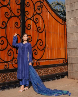 3-Piece Korean Raw Silk Suit (Blue Side Work)