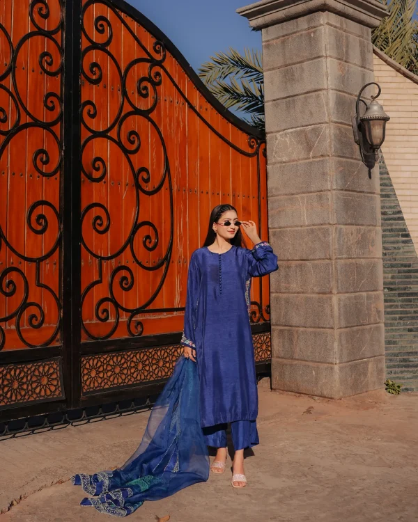 3-Piece Korean Raw Silk Suit (Blue Side Work) - Image 3