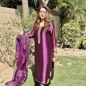 3-Piece Pure Sheesha Silk Suit - PURPLE