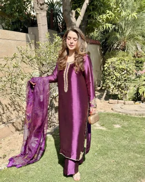 3-Piece Pure Sheesha Silk Suit - PURPLE