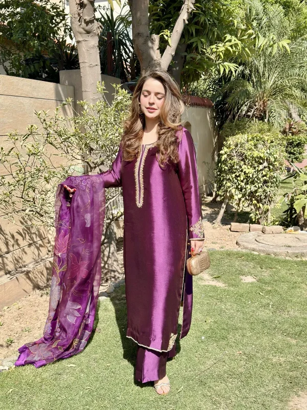 3-Piece Pure Sheesha Silk Suit - PURPLE