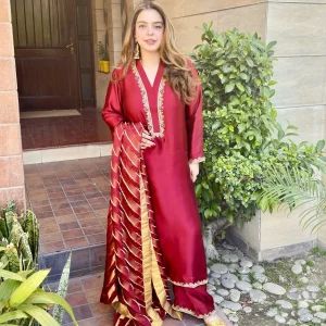 3-Piece Pure Sheesha Silk Suit - Maroon