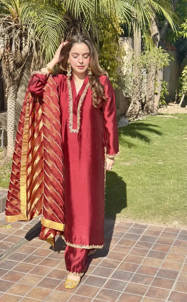 3-Piece Pure Sheesha Silk Suit - Maroon - Image 2