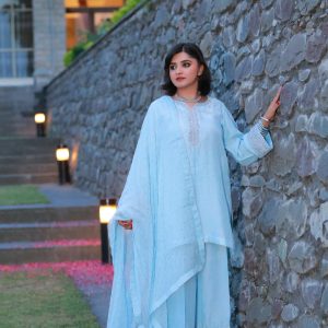 3-Piece Korean Raw Silk Suit (Light Blue)