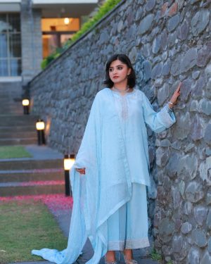3-Piece Korean Raw Silk Suit (Light Blue)