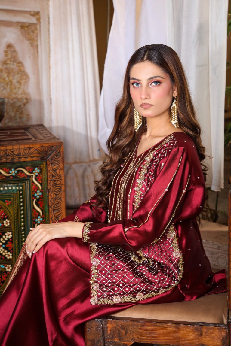 2-Piece Pure Sheesha Silk Suit (Maroon)
