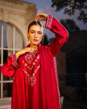 3-Piece Pure Sheesha Silk (Red Embroidery)